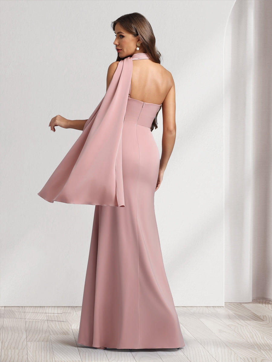 Sheath/Column Halter Maxi Dresses Long Bridesmaid Dresses with Neck Scarf