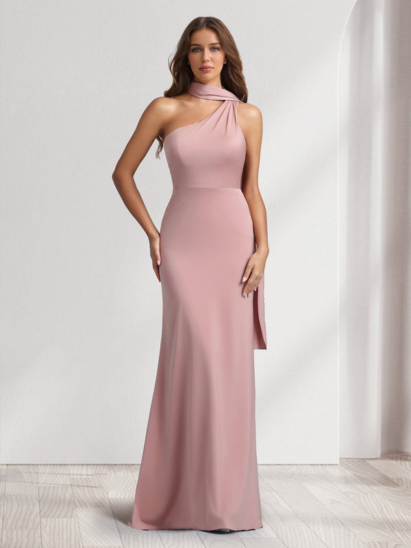 Sheath/Column Halter Maxi Dresses Long Bridesmaid Dresses with Neck Scarf