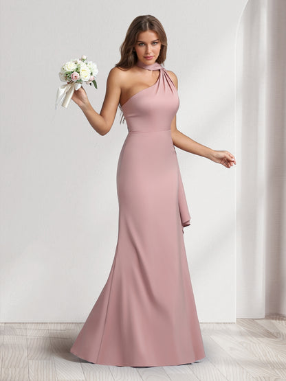 Sheath/Column Halter Maxi Dresses Long Bridesmaid Dresses with Neck Scarf