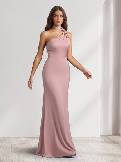 Sheath/Column Halter Maxi Dresses Long Bridesmaid Dresses with Neck Scarf