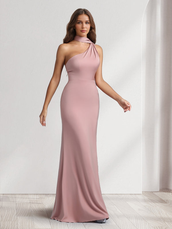 Sheath/Column Halter Maxi Dresses Long Bridesmaid Dresses with Neck Scarf