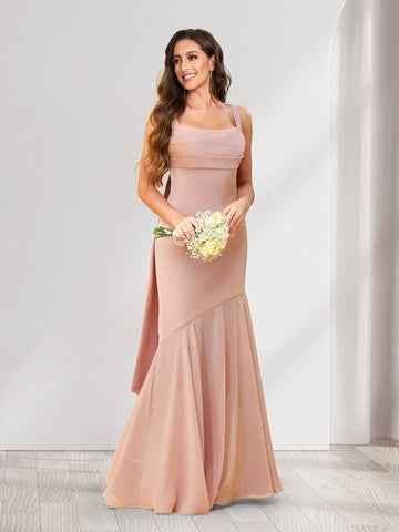 Trumpet/Mermaid Square Neck Floor-Length Ruched Bridesmaid Dresses With Shoulder Sash Tie