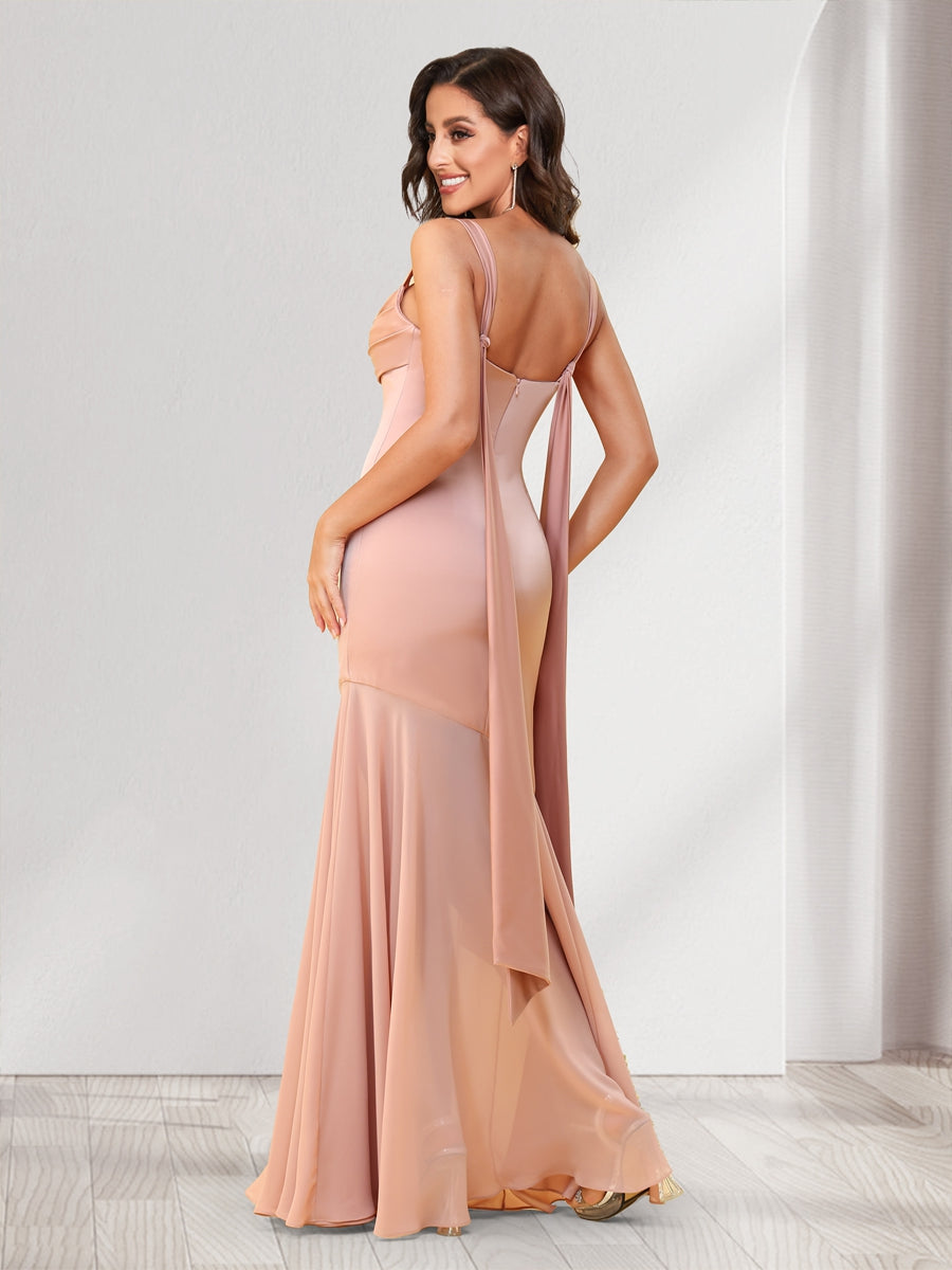 Trumpet/Mermaid Square Neck Floor-Length Ruched Bridesmaid Dresses With Shoulder Sash Tie