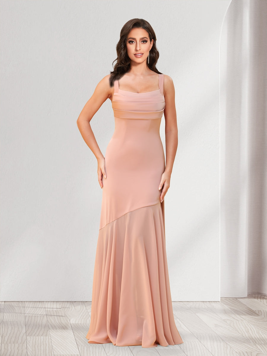 Trumpet/Mermaid Square Neck Floor-Length Ruched Bridesmaid Dresses With Shoulder Sash Tie