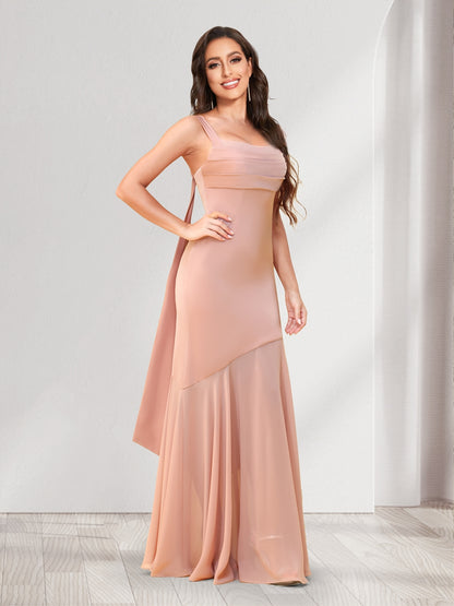 Trumpet/Mermaid Square Neck Floor-Length Ruched Bridesmaid Dresses With Shoulder Sash Tie