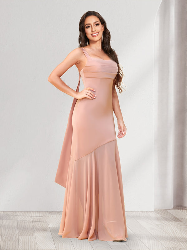 Trumpet/Mermaid Square Neck Floor-Length Ruched Bridesmaid Dresses With Shoulder Sash Tie