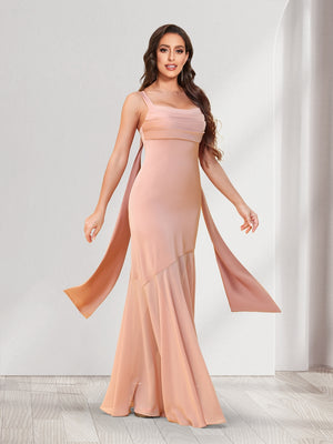 Trumpet/Mermaid Square Neck Floor-Length Ruched Bridesmaid Dresses With Shoulder Sash Tie