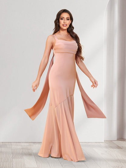 Trumpet/Mermaid Square Neck Floor-Length Ruched Bridesmaid Dresses With Shoulder Sash Tie