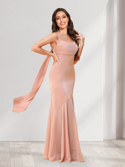 Trumpet/Mermaid Square Neck Floor-Length Ruched Bridesmaid Dresses With Shoulder Sash Tie