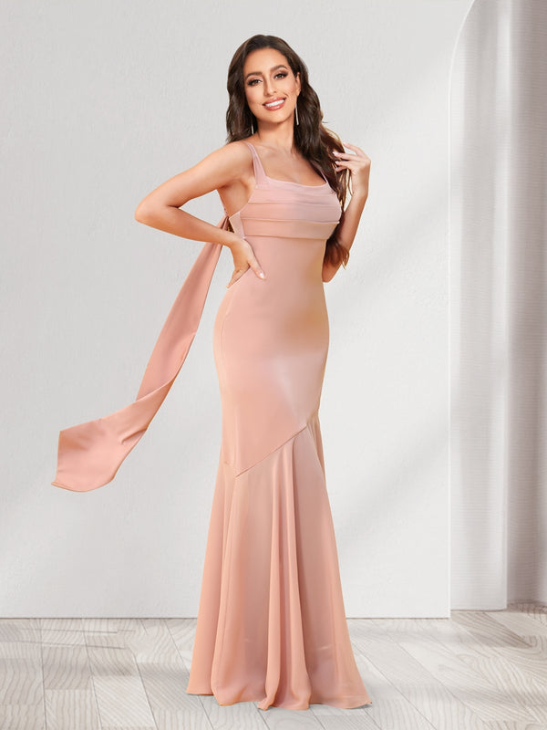 Trumpet/Mermaid Square Neck Floor-Length Ruched Bridesmaid Dresses With Shoulder Sash Tie