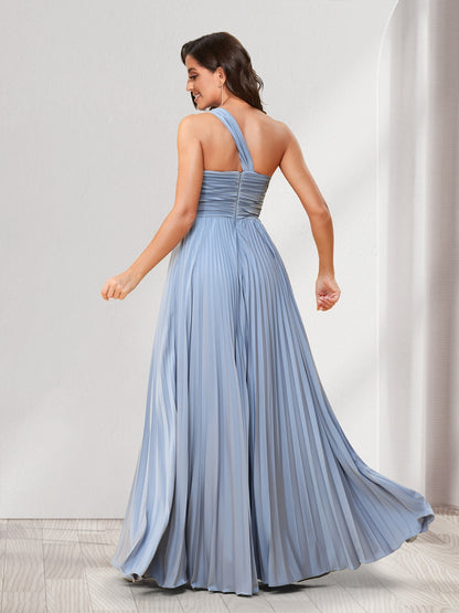 A-Line/Princess One-Shoulder Floor-Length Bridesmaid Dresses With Pleats