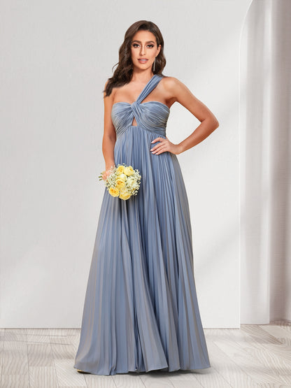 A-Line/Princess One-Shoulder Floor-Length Bridesmaid Dresses With Pleats
