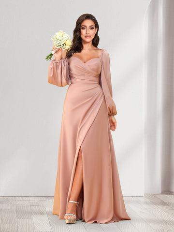 A-Line/Princess Sweetheart Long Sleeves Floor-Length Ruched Bridesmaid Dresses With Split Side