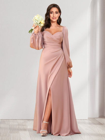 A-Line/Princess Sweetheart Long Sleeves Floor-Length Ruched Bridesmaid Dresses With Split Side