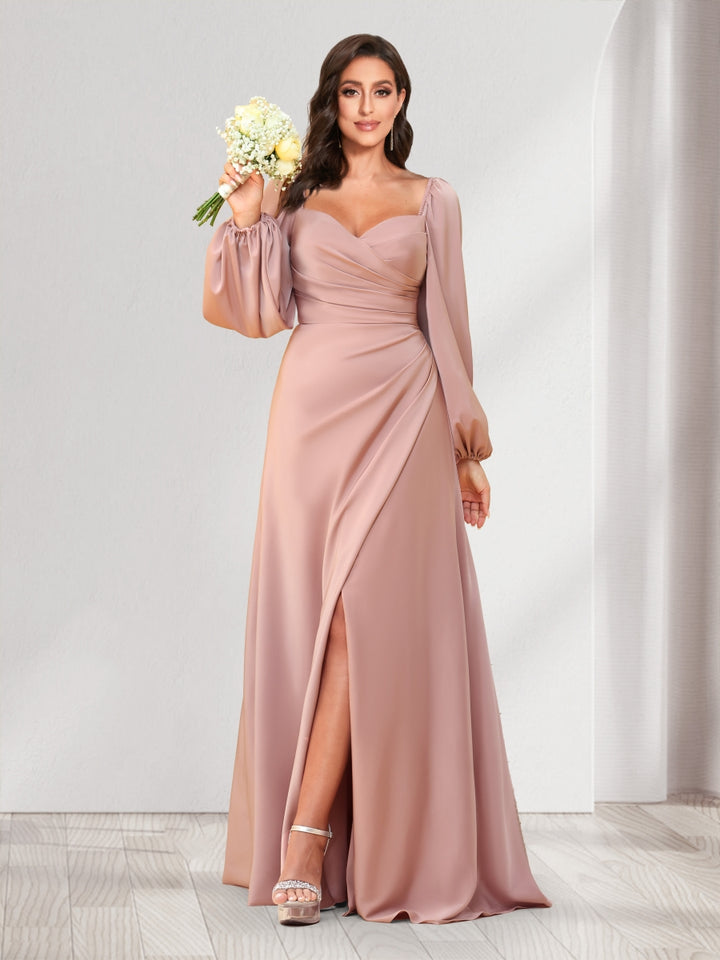 A-Line/Princess Sweetheart Long Sleeves Floor-Length Ruched Bridesmaid Dresses With Split Side