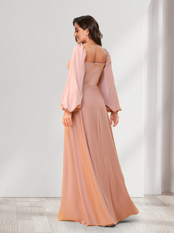 A-Line/Princess Sweetheart Long Sleeves Floor-Length Ruched Bridesmaid Dresses With Split Side