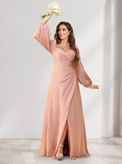 A-Line/Princess Sweetheart Long Sleeves Floor-Length Ruched Bridesmaid Dresses With Split Side