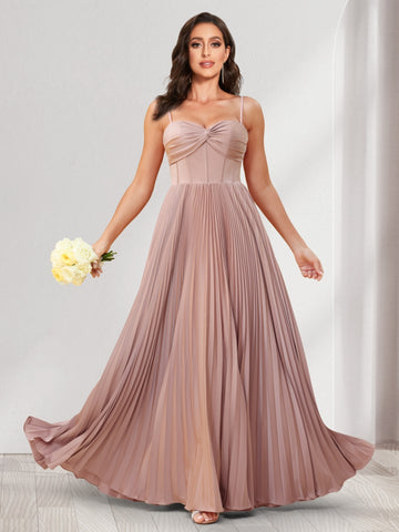 A-Line/Princess Spaghetti Straps Floor-Length Bridesmaid Dresses With Pleats