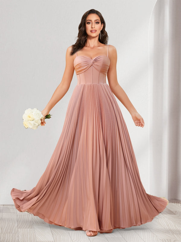 A-Line/Princess Spaghetti Straps Floor-Length Bridesmaid Dresses With Pleats