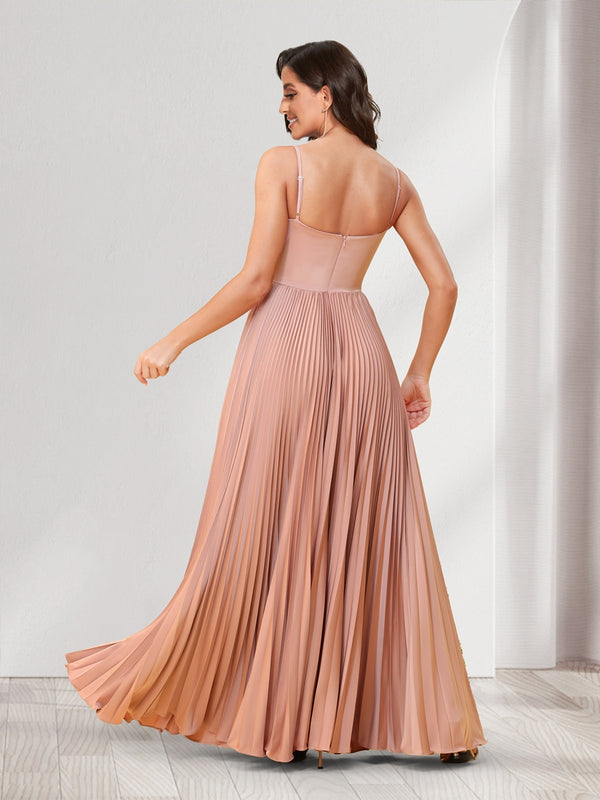 A-Line/Princess Spaghetti Straps Floor-Length Bridesmaid Dresses With Pleats