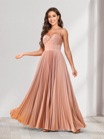 A-Line/Princess Spaghetti Straps Floor-Length Bridesmaid Dresses With Pleats