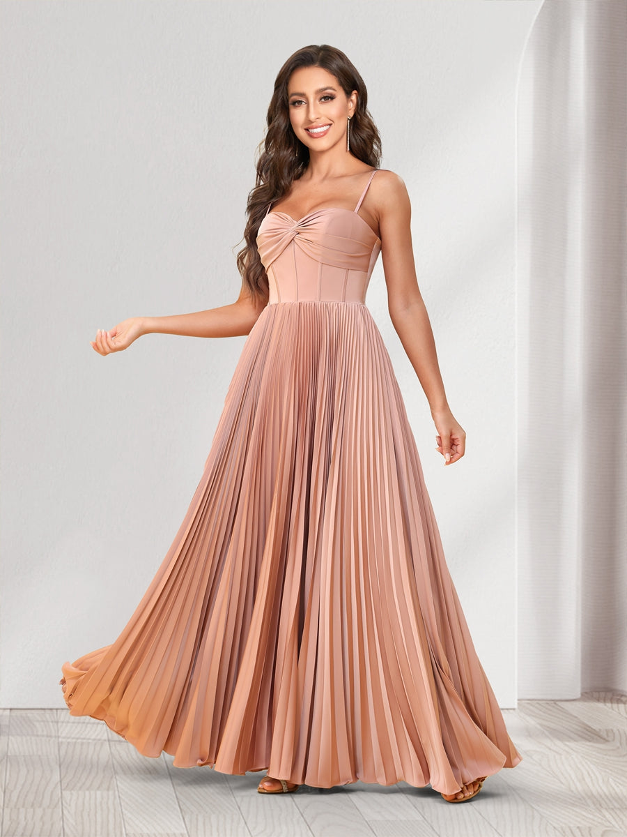 A-Line/Princess Spaghetti Straps Floor-Length Bridesmaid Dresses With Pleats
