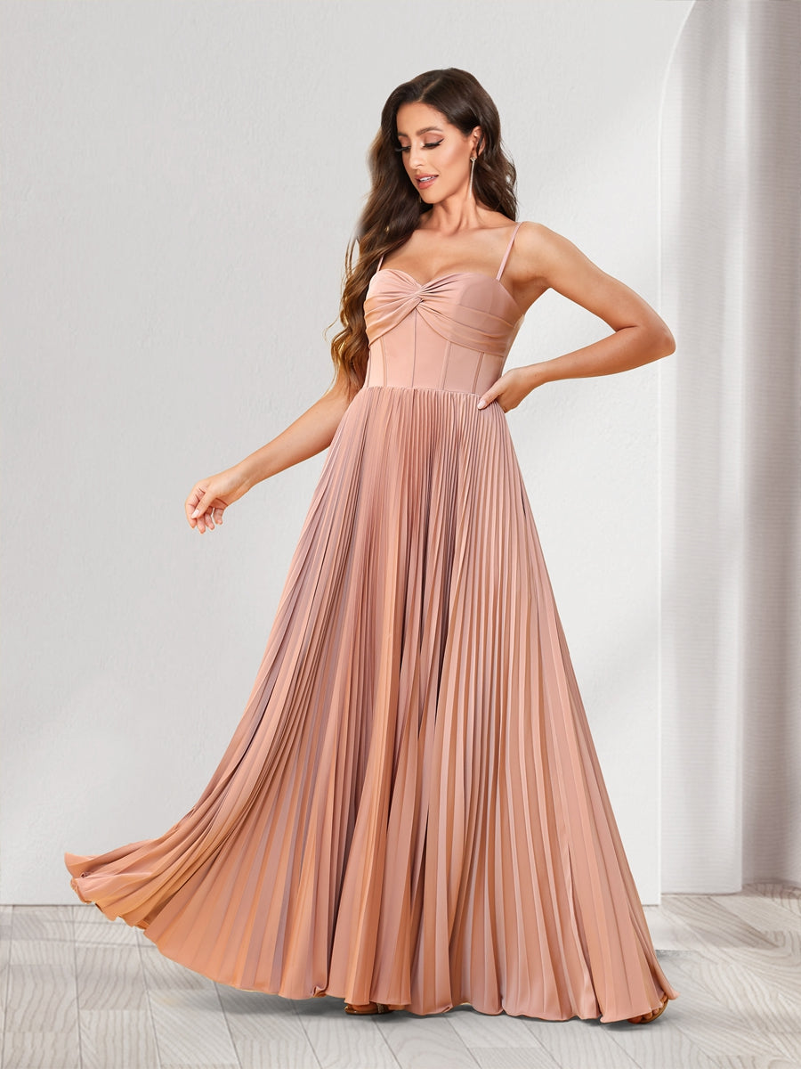 A-Line/Princess Spaghetti Straps Floor-Length Bridesmaid Dresses With Pleats