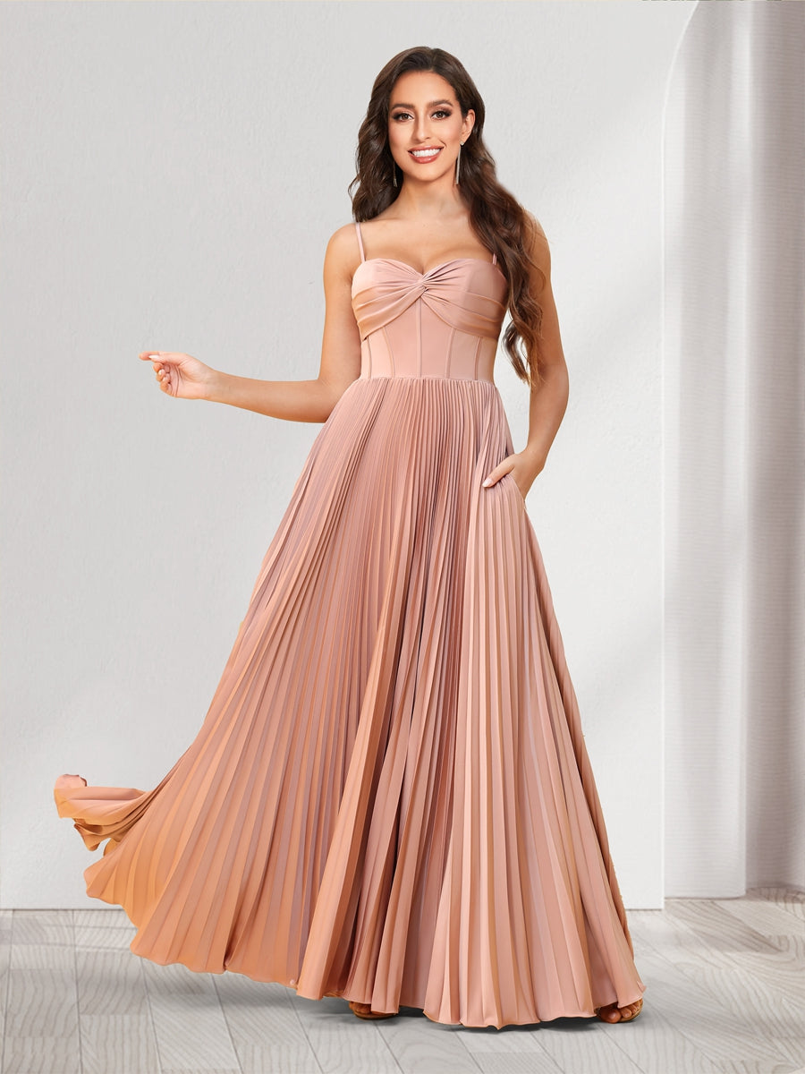 A-Line/Princess Spaghetti Straps Floor-Length Bridesmaid Dresses With Pleats