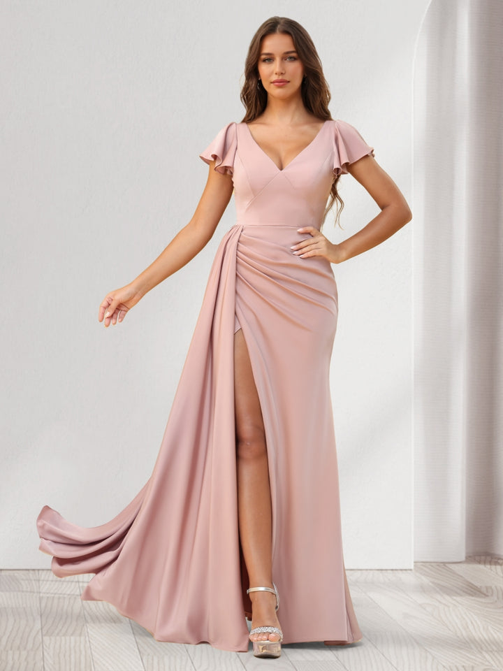 Sheath/Column V-Neck Floor-Length Ruched Bridesmaid Dresses With Ruffles &amp; Split Side
