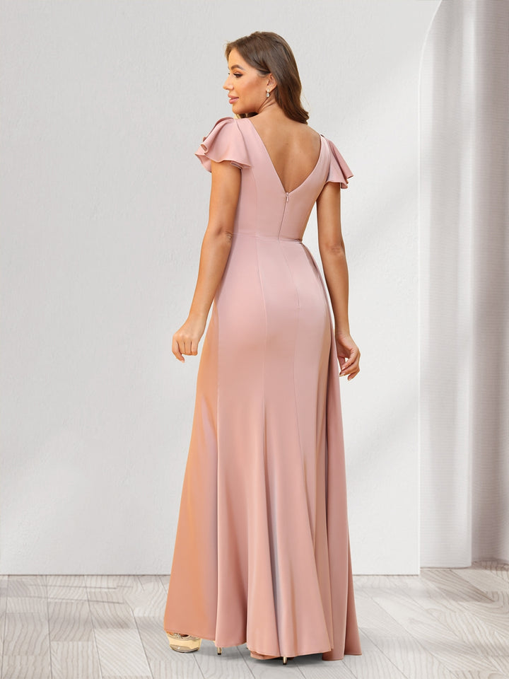 Sheath/Column V-Neck Floor-Length Ruched Bridesmaid Dresses With Ruffles &amp; Split Side