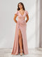 Sheath/Column V-Neck Floor-Length Ruched Bridesmaid Dresses With Ruffles & Split Side