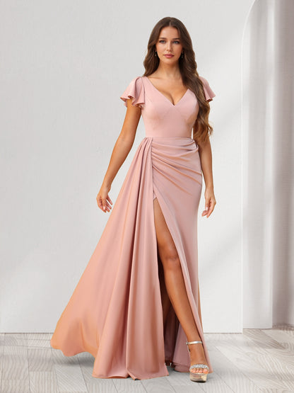 Sheath/Column V-Neck Floor-Length Ruched Bridesmaid Dresses With Ruffles & Split Side