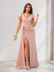 Sheath/Column V-Neck Floor-Length Ruched Bridesmaid Dresses With Ruffles & Split Side