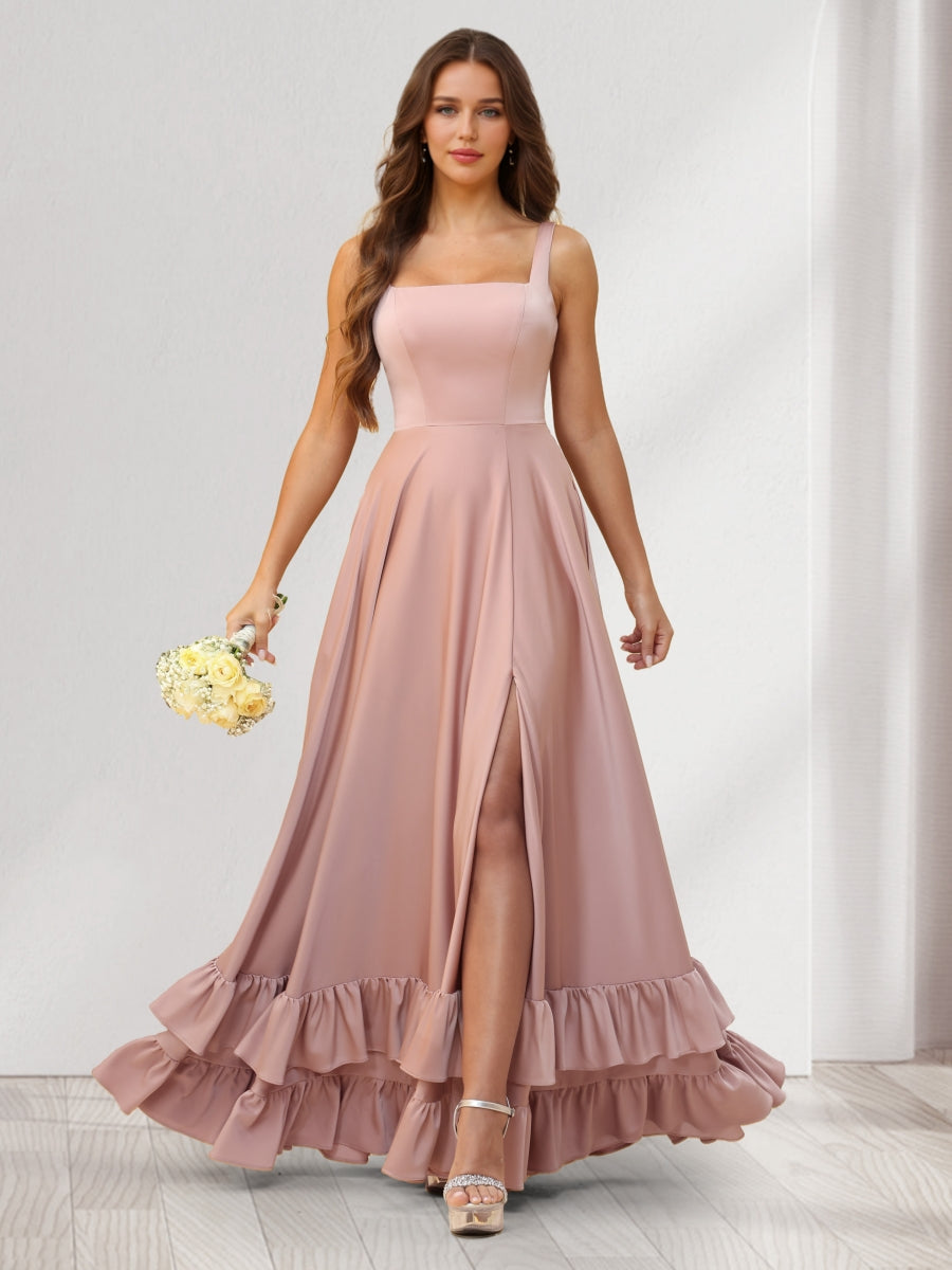 A-Line/Princess Square Neck Floor-Length Bridesmaid Dresses With Ruffles &amp; Split Side