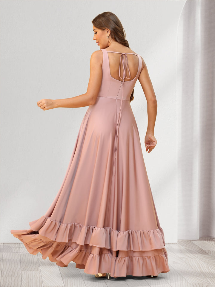 A-Line/Princess Square Neck Floor-Length Bridesmaid Dresses With Ruffles &amp; Split Side
