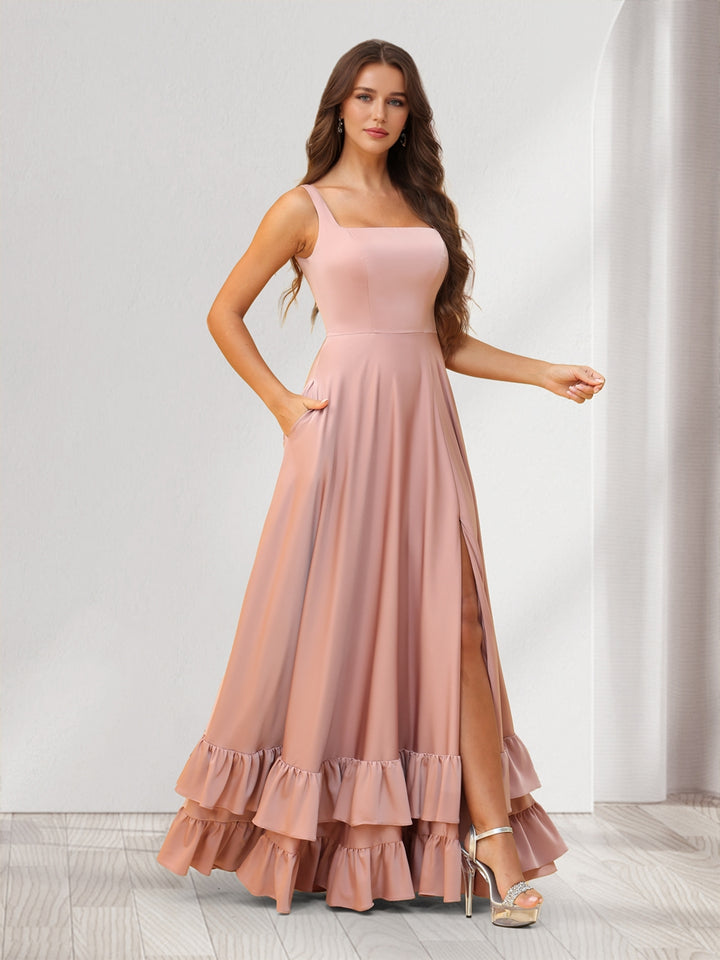 A-Line/Princess Square Neck Floor-Length Bridesmaid Dresses With Ruffles &amp; Split Side