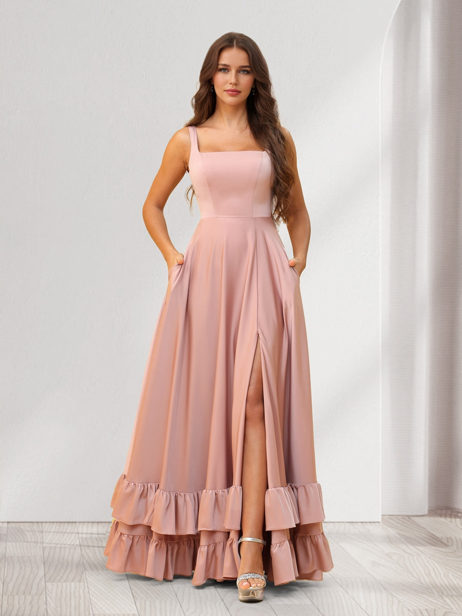 A-Line/Princess Square Neck Floor-Length Bridesmaid Dresses With Ruffles & Split Side