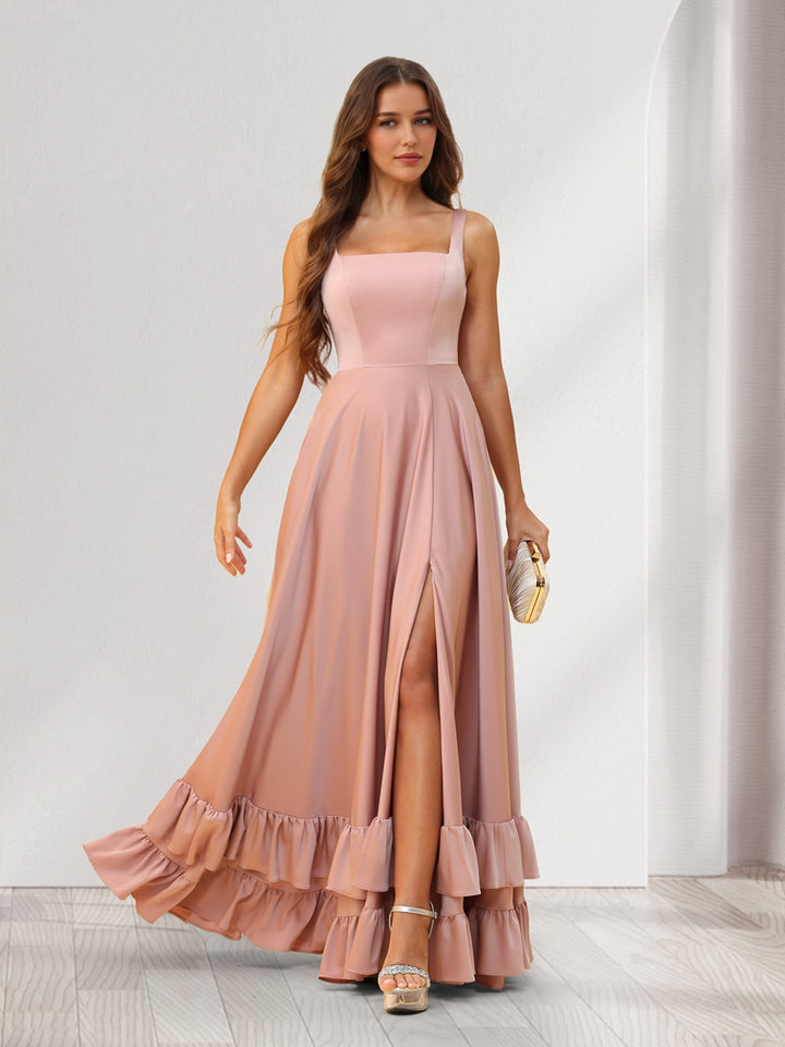 A-Line/Princess Square Neck Floor-Length Bridesmaid Dresses With Ruffles &amp; Split Side