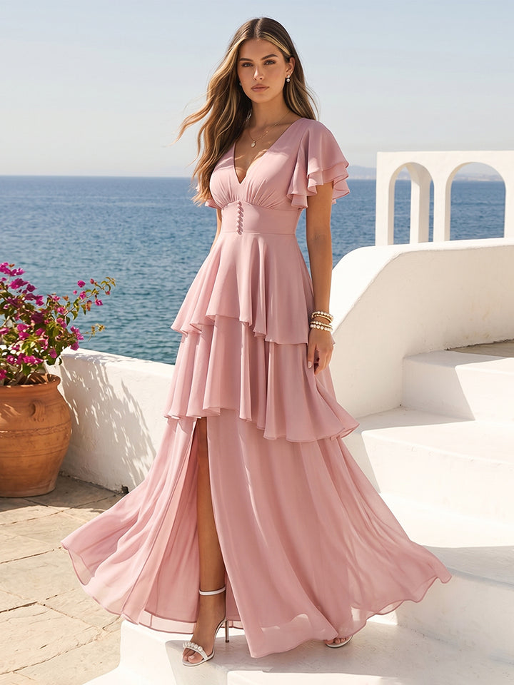 A-Line/Princess V-Neck Short Sleeves Bridesmaid Dresses With Cascading Ruffles &amp; Split Side