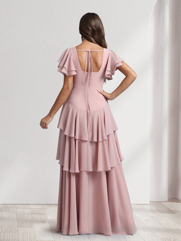 A-Line/Princess V-Neck Short Sleeves Bridesmaid Dresses With Cascading Ruffles &amp; Split Side