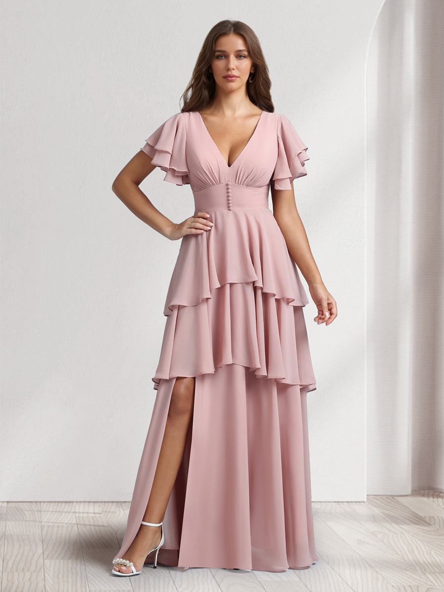 A-Line/Princess V-Neck Short Sleeves Bridesmaid Dresses With Cascading Ruffles &amp; Split Side