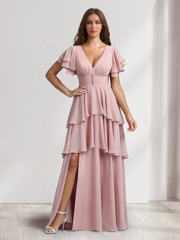 A-Line/Princess V-Neck Short Sleeves Bridesmaid Dresses With Cascading Ruffles & Split Side