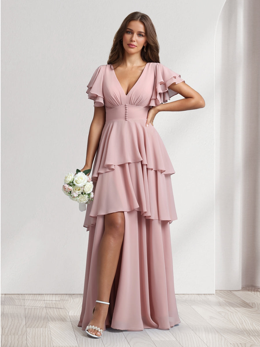 A-Line/Princess V-Neck Short Sleeves Bridesmaid Dresses With Cascading Ruffles &amp; Split Side