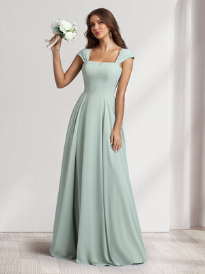 A-Line/Princess Square Neck Floor-Length Bridesmaid Dresses With Pockets