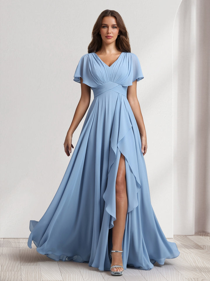 A-Line/Princess V-Neck Short Sleeves Bridesmaid Dresses With Ruffles &amp; Split Side
