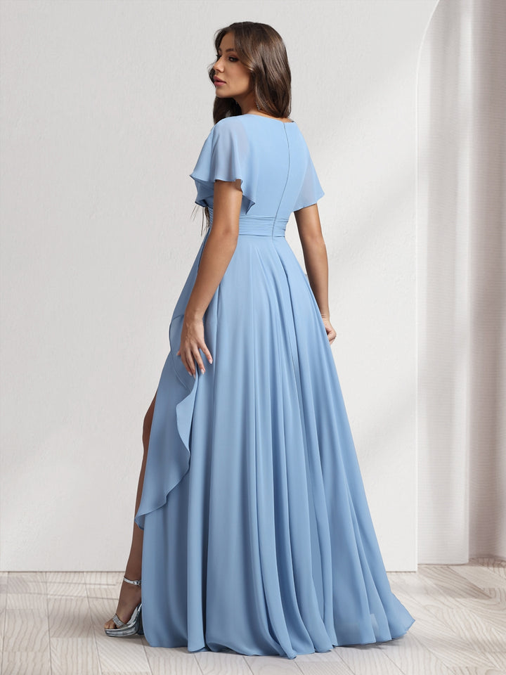 A-Line/Princess V-Neck Short Sleeves Bridesmaid Dresses With Ruffles &amp; Split Side