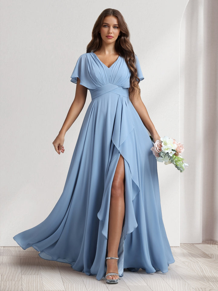 A-Line/Princess V-Neck Short Sleeves Bridesmaid Dresses With Ruffles &amp; Split Side