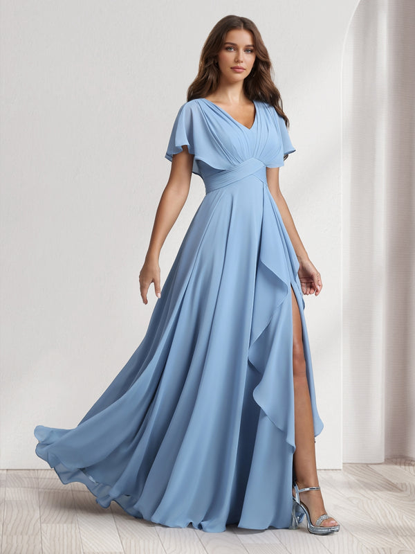 A-Line/Princess V-Neck Short Sleeves Bridesmaid Dresses With Ruffles & Split Side