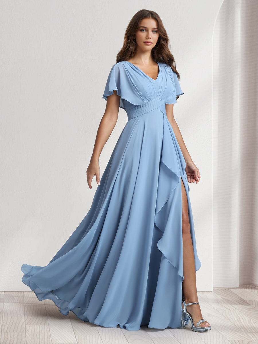 A-Line/Princess V-Neck Short Sleeves Bridesmaid Dresses With Ruffles & Split Side