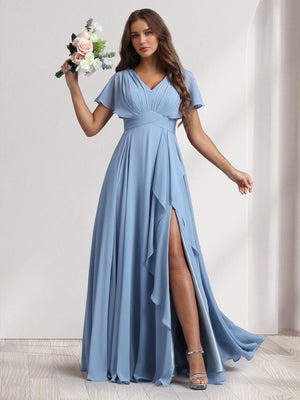 A-Line/Princess V-Neck Short Sleeves Bridesmaid Dresses With Ruffles & Split Side